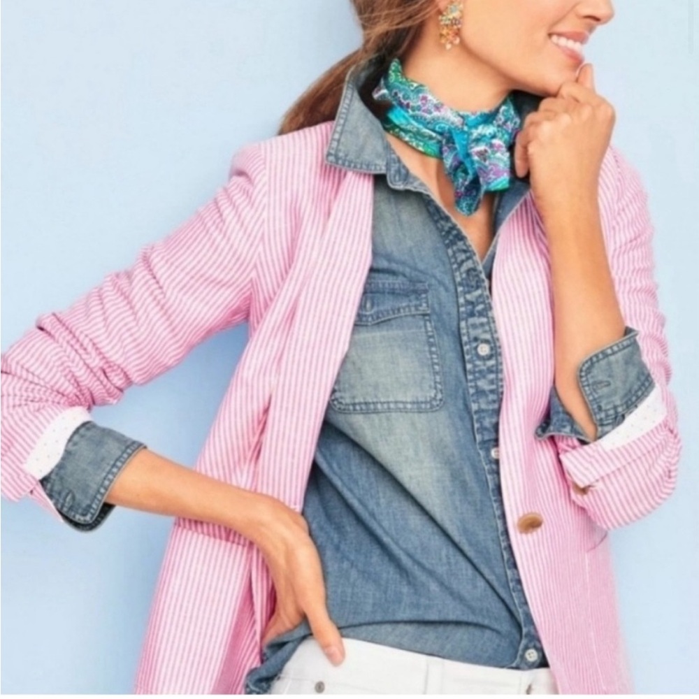 Talbots Aberdeen Linen Pink Striped Blazer Sz 4 - Picture 3 of 16